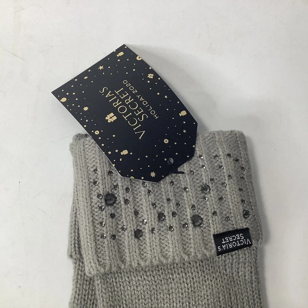 Victoria's Secret Gloves‎ Mittens Gray Bling Gem Sparkle Knit Glam Winter NWT